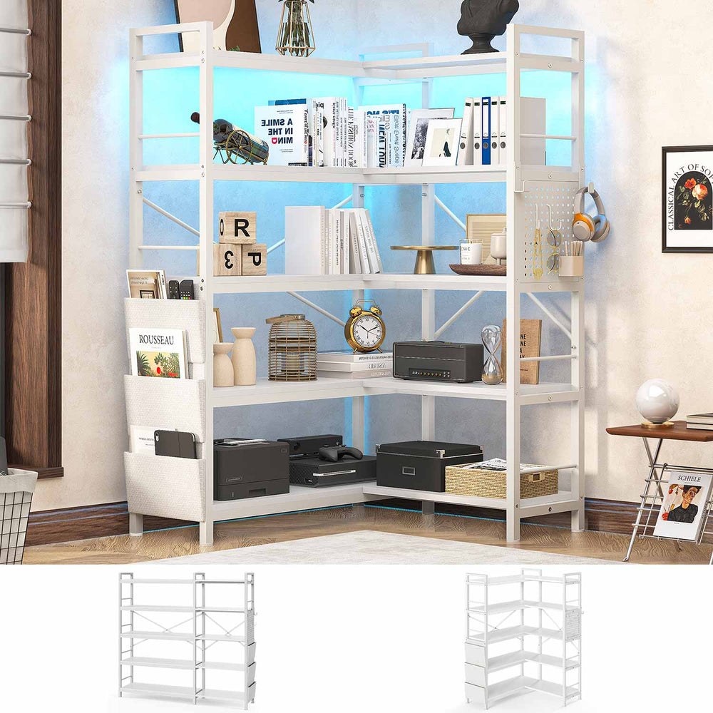 Sikaic Bookshelf 55 Inches Convertible Corner 5-Tier Tall Bookshelf with Pegboard Storage Bag & LED Light for Bedroom White White / Engineered Wood / Modern