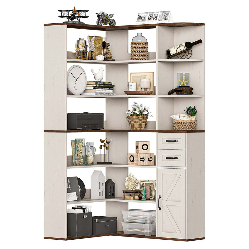 Sikaic Bookshelf 71 Inches L-Shaped Large Storage 7-Shelf Farmhouse Corner Bookshelf with Lockers & Drawers for Home Office White Brown White / Engineered Wood / Modern