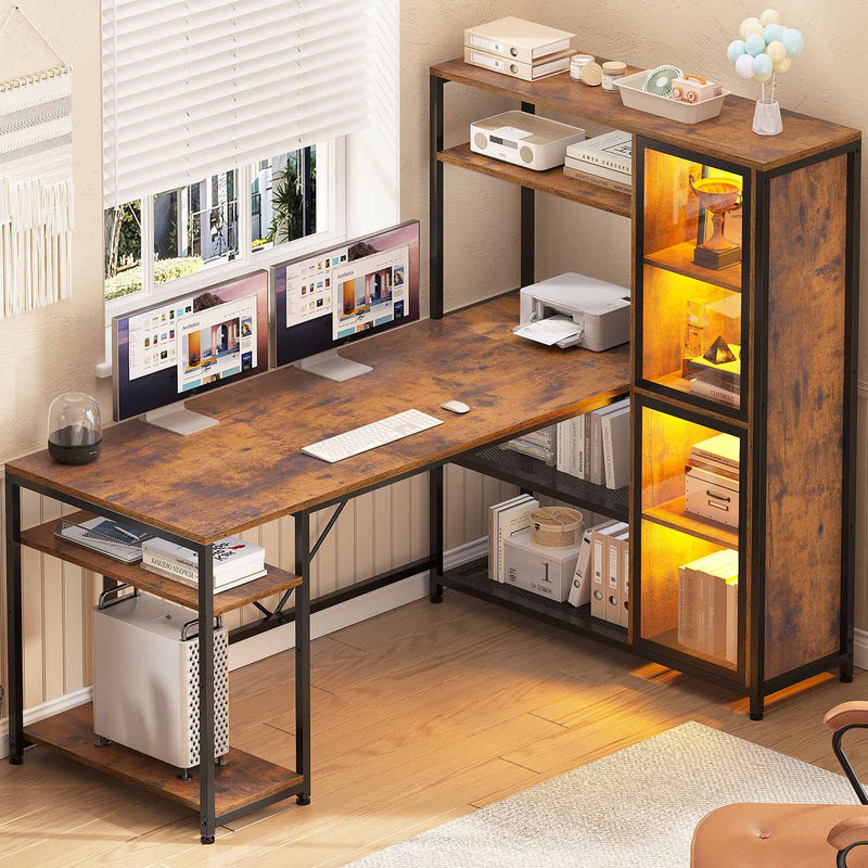 Sikaic Computer Desk with Storage Shelves 59 inches Office Desk with LED Light and Bookshelf Storage Shelves for Home Office Desk with Display Cabinet Rustic Brown