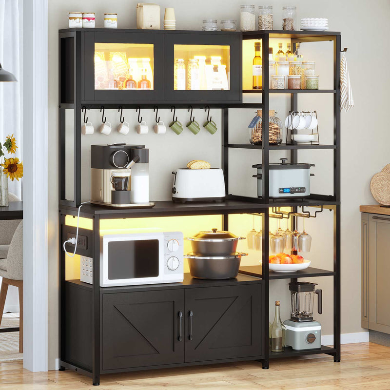 Sikaic Coffee Bar 45.3 Inches Farmhouse Coffee Bar Bakers Rack with Power Outlet and LED Light  Cabinet Kitchen with Storage Black