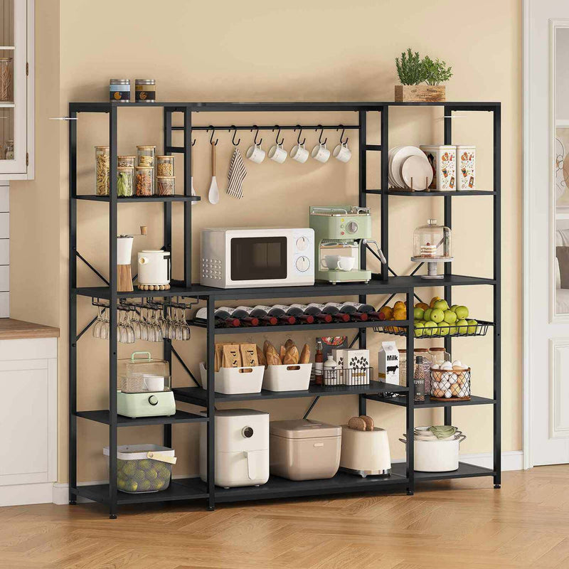 Sikaic Coffee Bar Coffee Bar with Power Outlet and Bakers Rack Microwave Stand Storage Shelves Wine Rack Goblet Holder Hooks Wire Basket Black