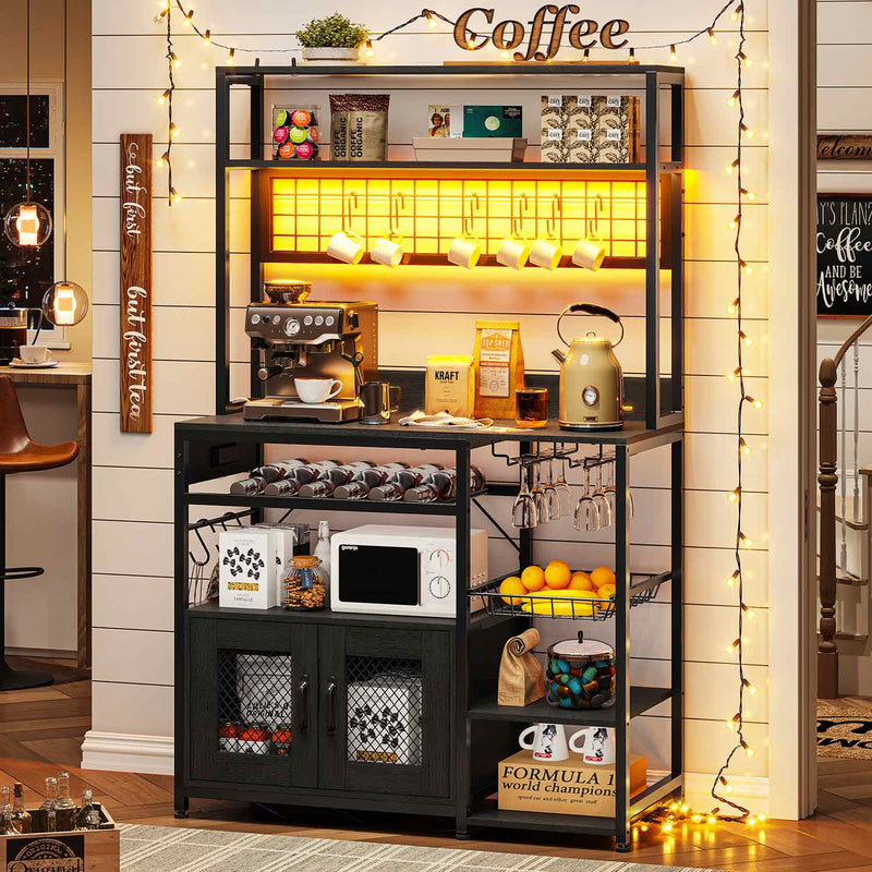 Sikaic Coffee Bar Coffee Bar with Storage Shelves Microwave Stand Power Outlet and LED Light Cabinet Wire Basket Metal Grid Wine Rack Goblet Holder Hooks Black