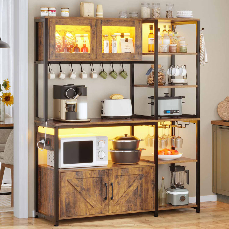 Sikaic Coffee Bar 45.3 Inches Farmhouse Coffee Bar Bakers Rack with Power Outlet and LED Light  Cabinet Kitchen with Storage Brown