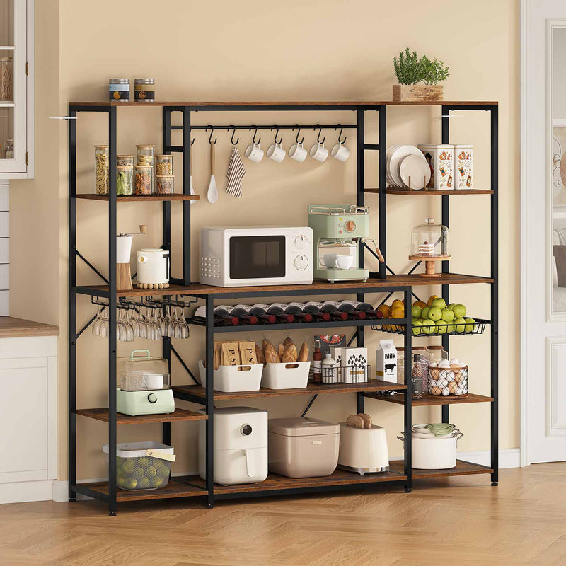 Sikaic Coffee Bar Coffee Bar with Power Outlet and Bakers Rack Microwave Stand Storage Shelves Wine Rack Goblet Holder Hooks Wire Basket Brown