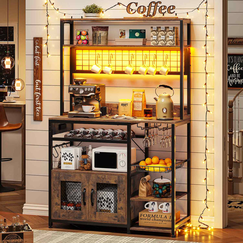 Sikaic Coffee Bar Coffee Bar with Storage Shelves Microwave Stand Power Outlet and LED Light Cabinet Wire Basket Metal Grid Wine Rack Goblet Holder Hooks Brown