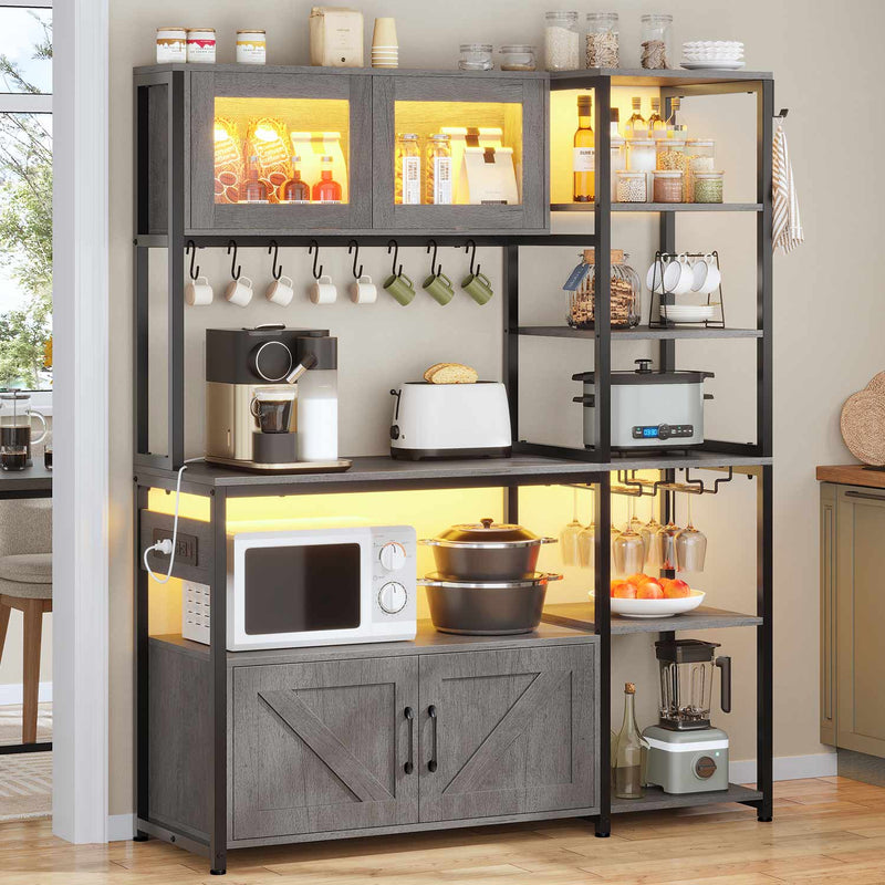 Sikaic Coffee Bar 45.3 Inches Farmhouse Coffee Bar Bakers Rack with Power Outlet and LED Light  Cabinet Kitchen with Storage Grey