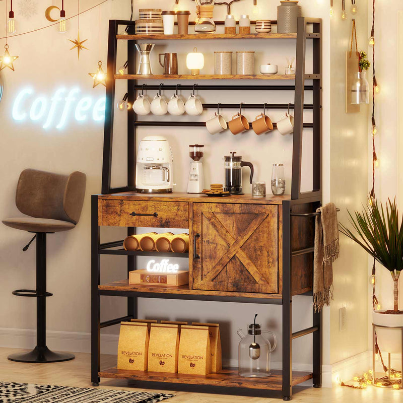 Sikaic Coffee Bar Coffee Bar with Storage Drawer and Hooks Rustic Brown