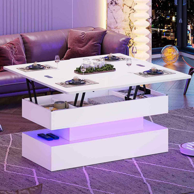 Sikaic Coffee Table 40" Lift Top Coffee Table, 4 in 1 Coffee Table with Storage & LED Light, Small Coffee Tables for Living Room, Modern Coffee Table with Lifting Top for Dining Reception Room, White