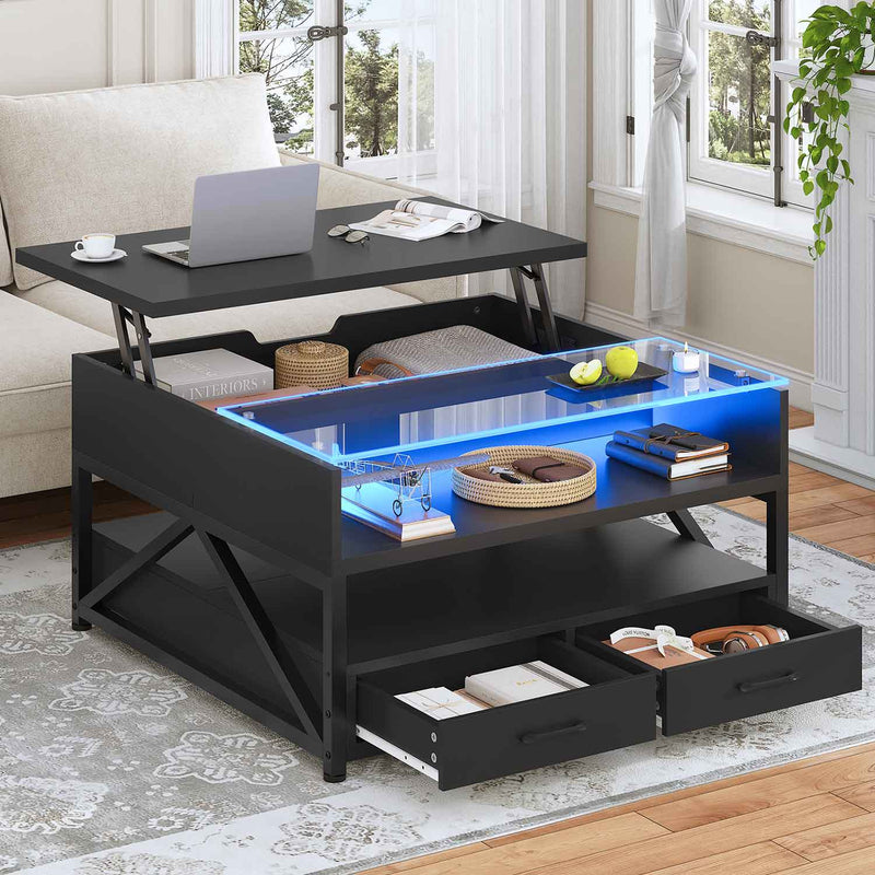 Sikaic Coffee Table 31.5 Inches Lift Top Square LED Coffee Table with Large Hidden Storage Compartment and Open Shelves Black for Living Room