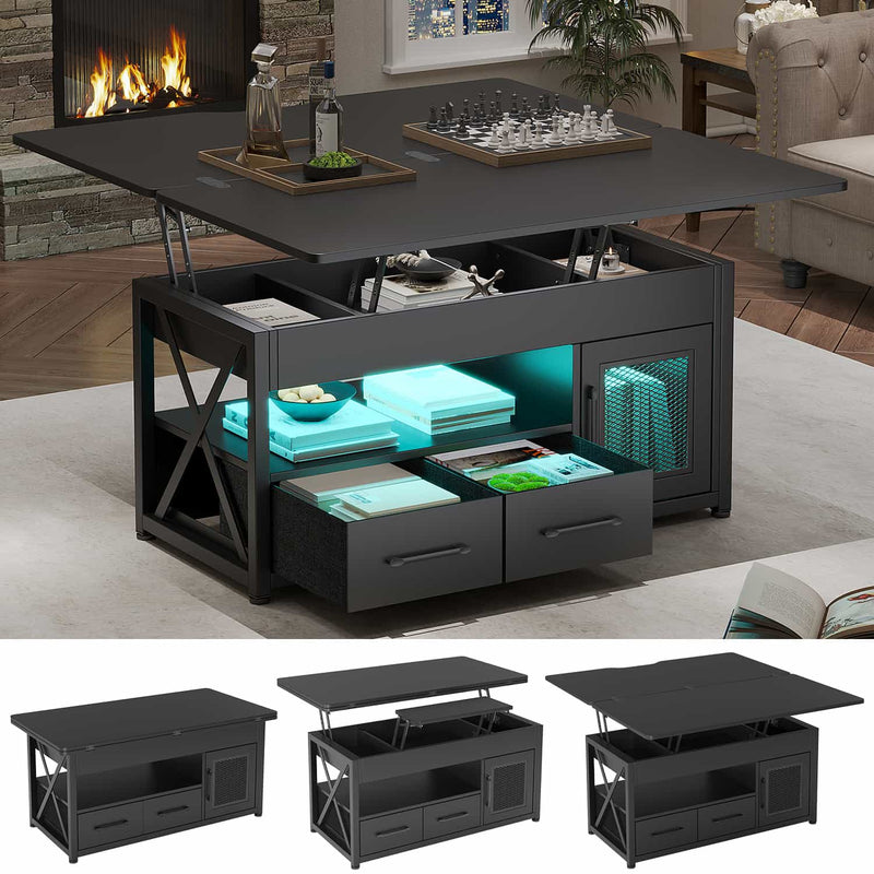 Sikaic Coffee Table 40 Inches 4 in 1 Lift Top Coffee Table with Storage Cabinet 2 Fabric Drawers & LED Light for Dining Room Black