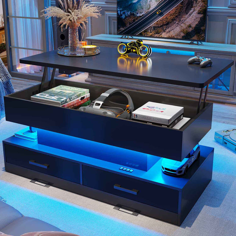 Sikaic Coffee Table 40 Inches Lift Top Coffee Table with 2 Fabric Drawers and LED Light Black