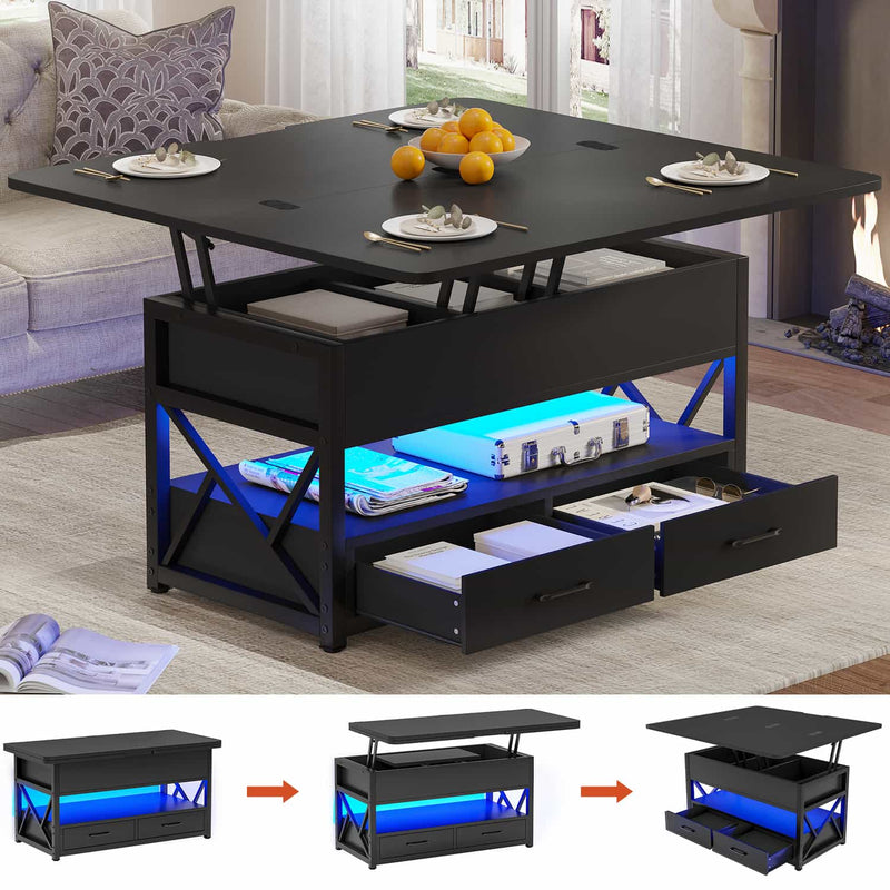 Sikaic Coffee Table 40" Inches Lift Top 4 in 1 LED Coffee Table with 2 Drawers Storage Black