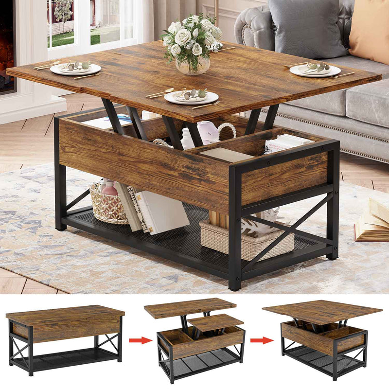 Sikaic Coffee Table 43" 3 in 1 Multi-Function Lift Top Coffee Table with Storage for Living Room Brown