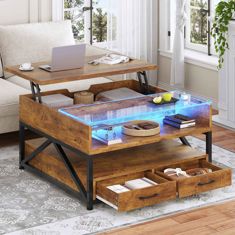 Sikaic Coffee Table 31.5 Inches Lift Top Square LED Coffee Table with Large Hidden Storage Compartment and Open Shelves Brown for Living Room