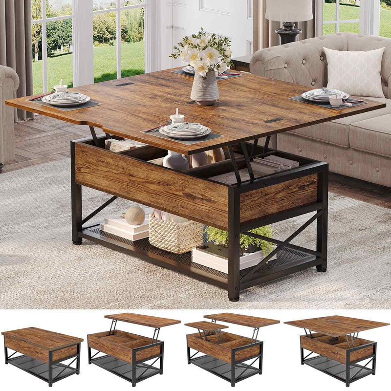 Sikaic Coffee Table 4 in 1 Lift Top Coffee Table with Storage Hidden Compartment and Open Shelves for Living Room Rustic Brown