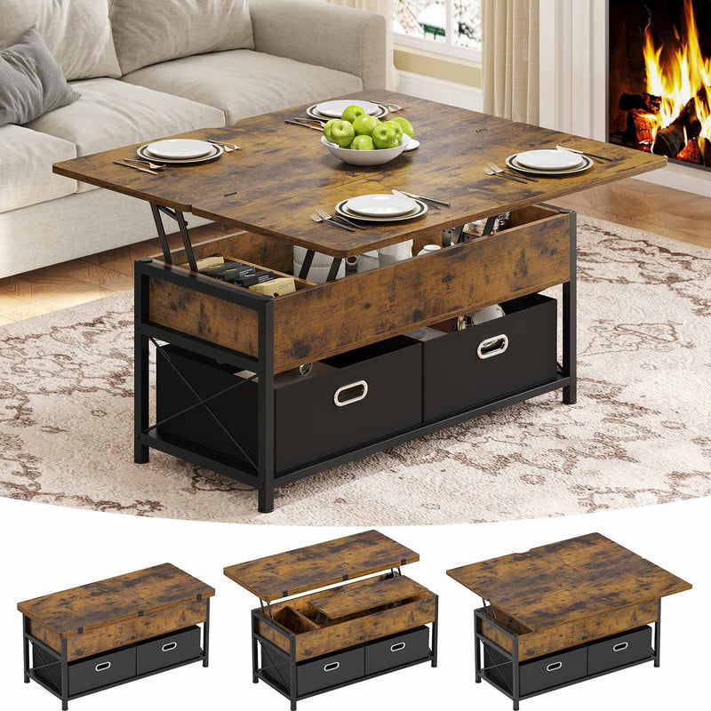 Sikaic Coffee Table 4 in 1 Multi-Function Lift Top Coffee Table with Hidden Compartment 2 Drawers and Convertible Square Center Table for Living Room Reception Home Office Rustic Brown