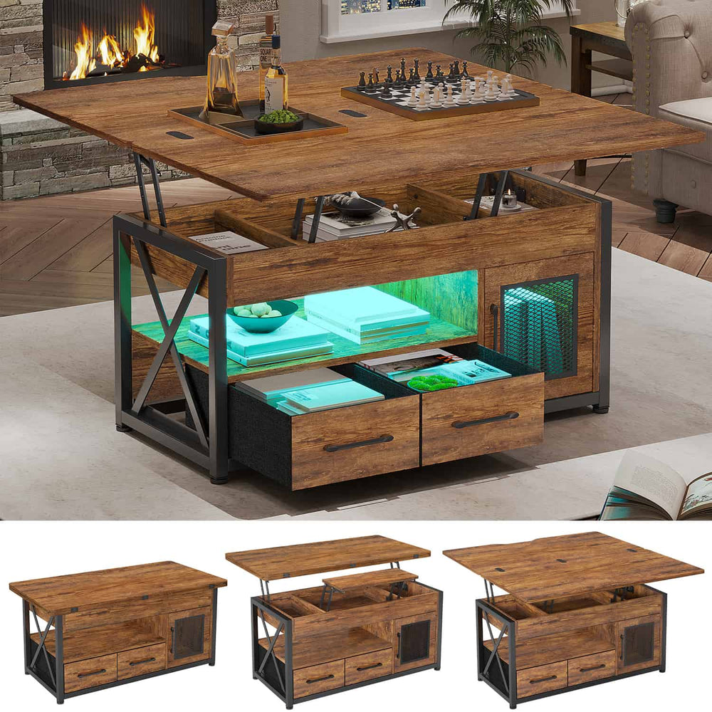 Sikaic Coffee Table 40 Inches 4 in 1 Lift Top Coffee Table with Storage Cabinet 2 Fabric Drawers & LED Light for Dining Room Brown