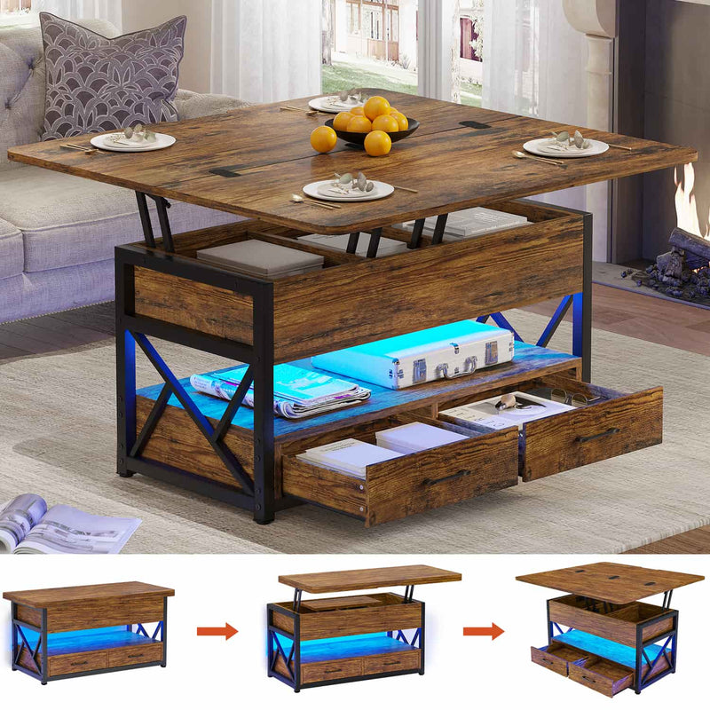 Sikaic Coffee Table 40" Inches Lift Top 4 in 1 LED Coffee Table with 2 Drawers Storage Brown