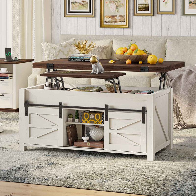 Sikaic Coffee Table 4 in 1 Lift Top Coffee Table with 4 Sliding Barn Doors Adjustable Shelves and Hidden Storage Compartment for Living Room Brown White