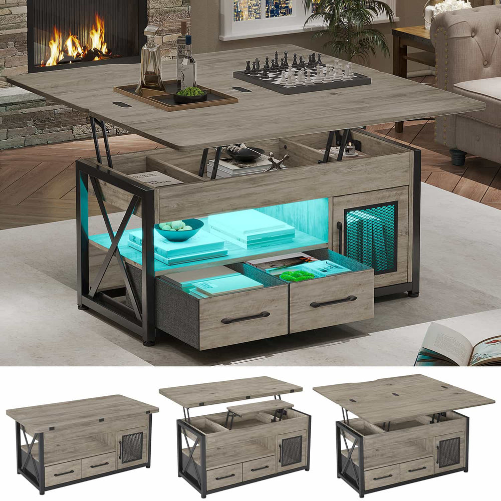 Sikaic Coffee Table 40 Inches 4 in 1 Lift Top Coffee Table with Storage Cabinet 2 Fabric Drawers & LED Light for Dining Room Grey