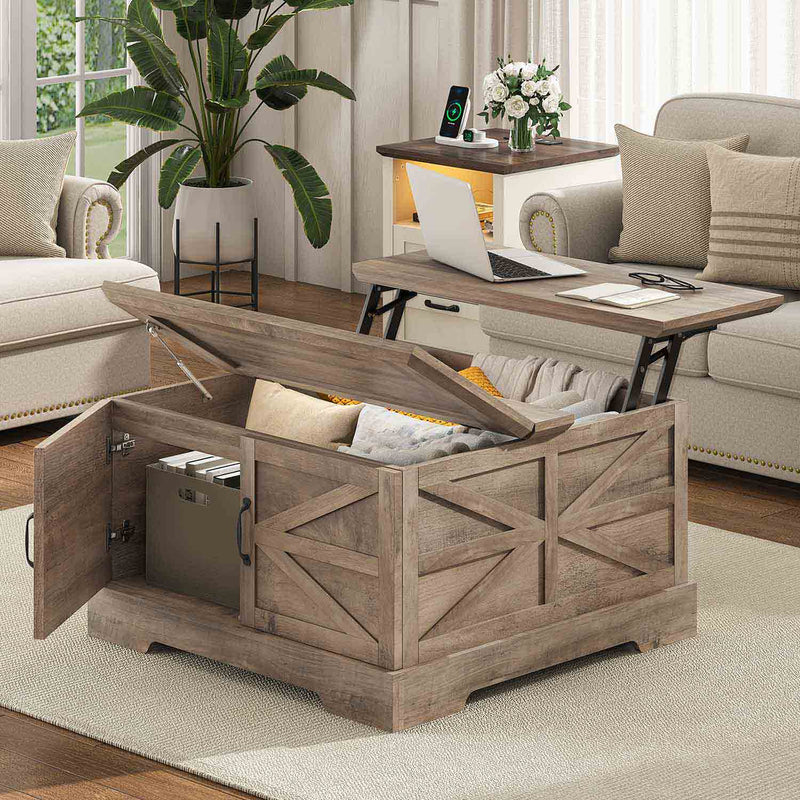 Sikaic Coffee Table Farmhouse Lift Top Square Coffee Table with 50 Gallons Storage and Barn Door for Living Room Gray Grey / Engineered Wood / Modern