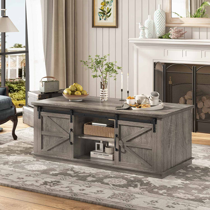 Sikaic Coffee Table Farmhouse Hall Coffee Table with Storage & 4 Sliding Barn Doors Adjustable Shelves for Living Room Walnut