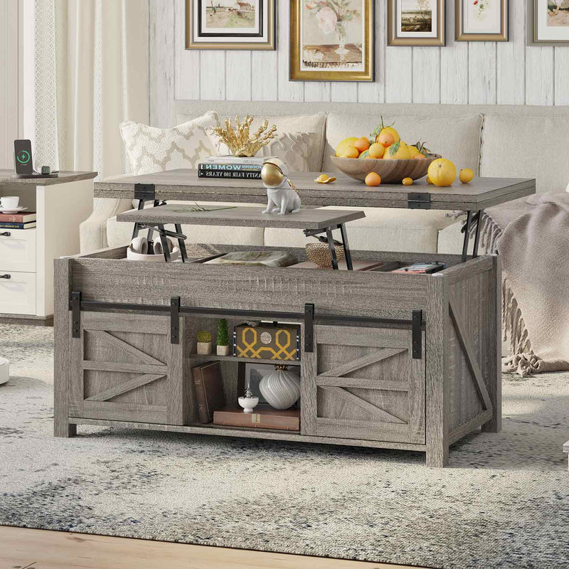 Sikaic Coffee Table 4 in 1 Lift Top Coffee Table with 4 Sliding Barn Doors Adjustable Shelves and Hidden Storage Compartment for Living Room Walnut Color