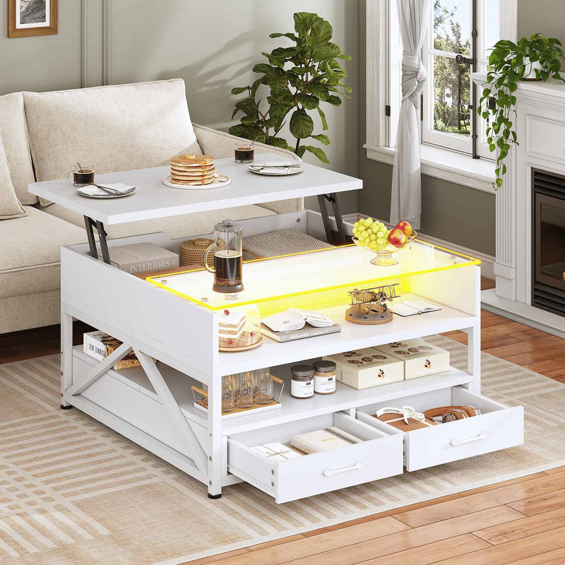 Sikaic Coffee Table 31.5 Inches Lift Top Square LED Coffee Table with Large Hidden Storage Compartment and Open Shelves White for Living Room White / Engineered Wood / Modern