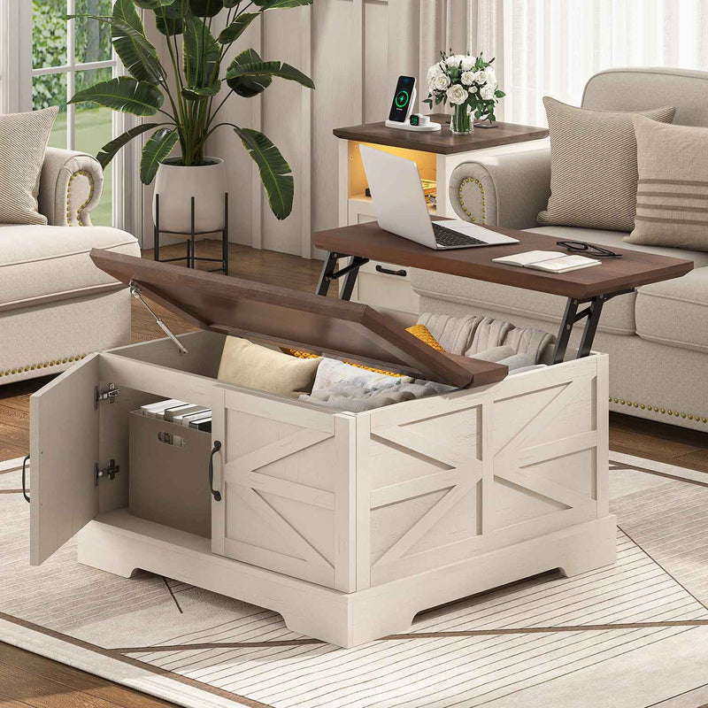 Sikaic Coffee Table Farmhouse Lift Top Square Coffee Table with 50 Gallons Storage and Barn Door for Living Room White Brown White / Engineered Wood / Modern