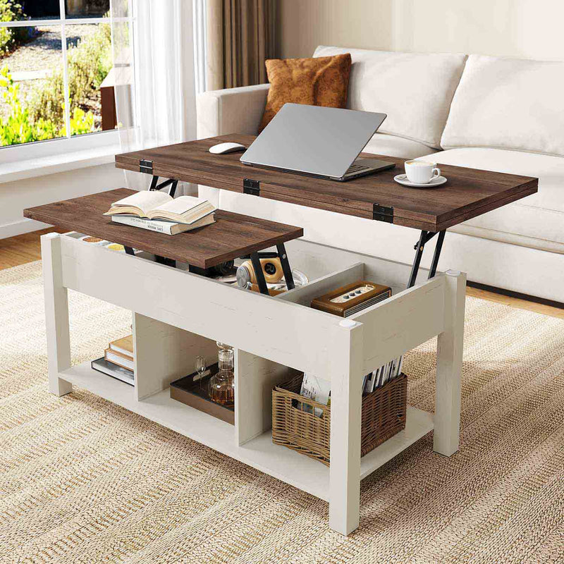 Sikaic Coffee Table Lift Top 4 in 1  Farmhouse Coffee Table with Storage Wood with Hidden Compartments and Open Shelf White White / Engineered Wood / Modern