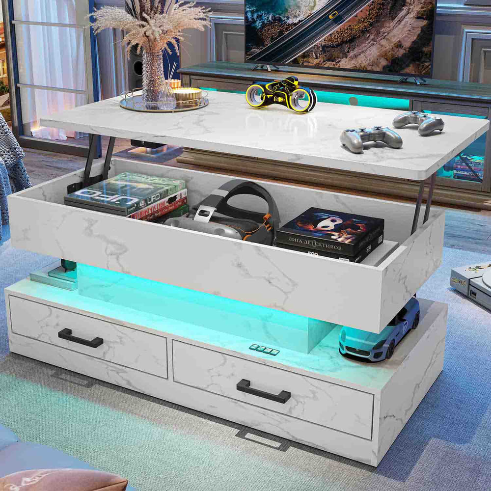 Sikaic Coffee Table 40 Inches Lift Top Coffee Table with 2 Fabric Drawers and LED Light White Marble