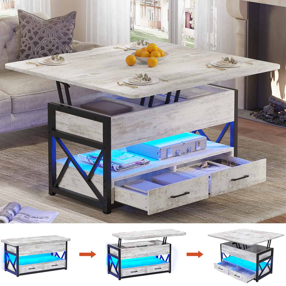 Sikaic Coffee Table 40" Inches Lift Top 4 in 1 LED Coffee Table with 2 Drawers Storage White