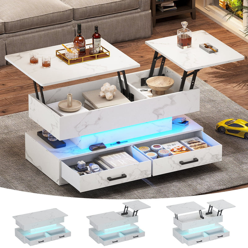 Sikaic Coffee Table 40 Inches LED Lift Top Coffee Tables with Drawers White