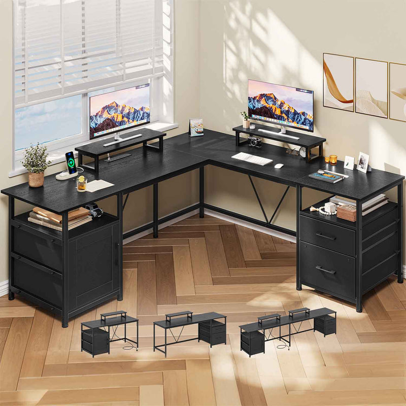 Sikaic Computer Desk 67in L Shaped Computer Desk Convertible to 90.5in with Power Outlet and 2 Monitor Stands & Storage Cabinet Shelf Drawer Black Black / Engineered Wood / Modern