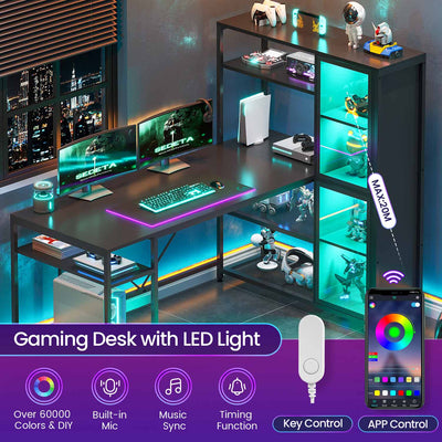 Sikaic LED L Shaped Gaming Desk with Bookshelf Black