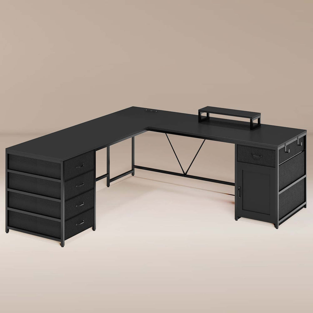 Sikaic Computer Desk 63 Inches L Shaped Desk with 5 Drawers Black Black / Modern / Engineered Wood