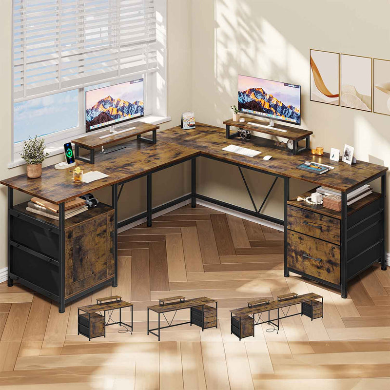 Sikaic Computer Desk 67in L Shaped Computer Desk Convertible to 90.5in with Power Outlet and 2 Monitor Stands & Storage Cabinet Shelf Drawer Brown Brown / Engineered Wood / Modern