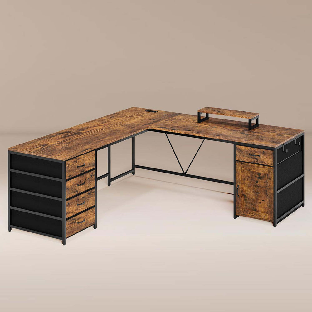 Sikaic Computer Desk 63 Inches L Shaped Desk with 5 Drawers Brown Brown / Modern / Engineered Wood