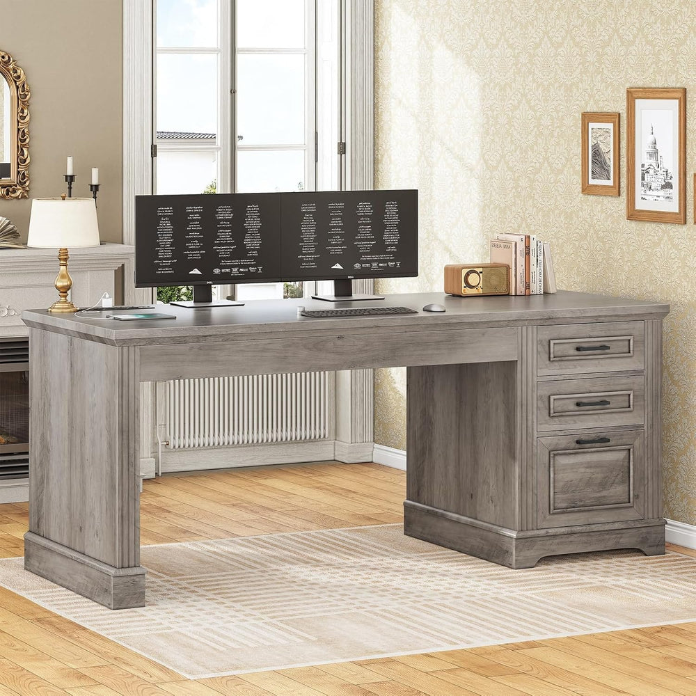 Sikaic Computer Desk 55" Computer Desk with Storage Drawers and Power Outlet Grey Grey / Engineered Wood / Modern