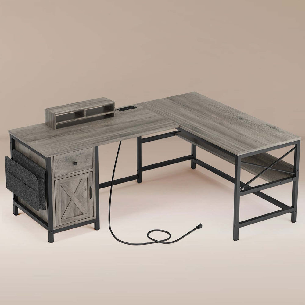 Sikaic Computer Desk 63 Inches L Shaped Convertible 86.6" 2 Person Computer Desk Grey Grey / Farmhouse / Engineered Wood