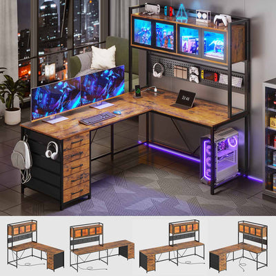 Sikaic LED Reversible L Shaped Gaming Desk Brown