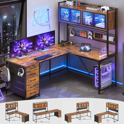 Sikaic LED Reversible L Shaped Gaming Desk Brown