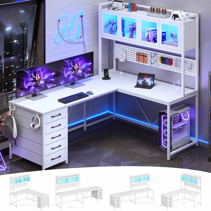 Sikaic Computer Desk LED L Shaped Computer Desk 62 inches Reversible L Shaped Desk with Storage Drawers Hutch and Pegboard with Power Outlet for Home Office White