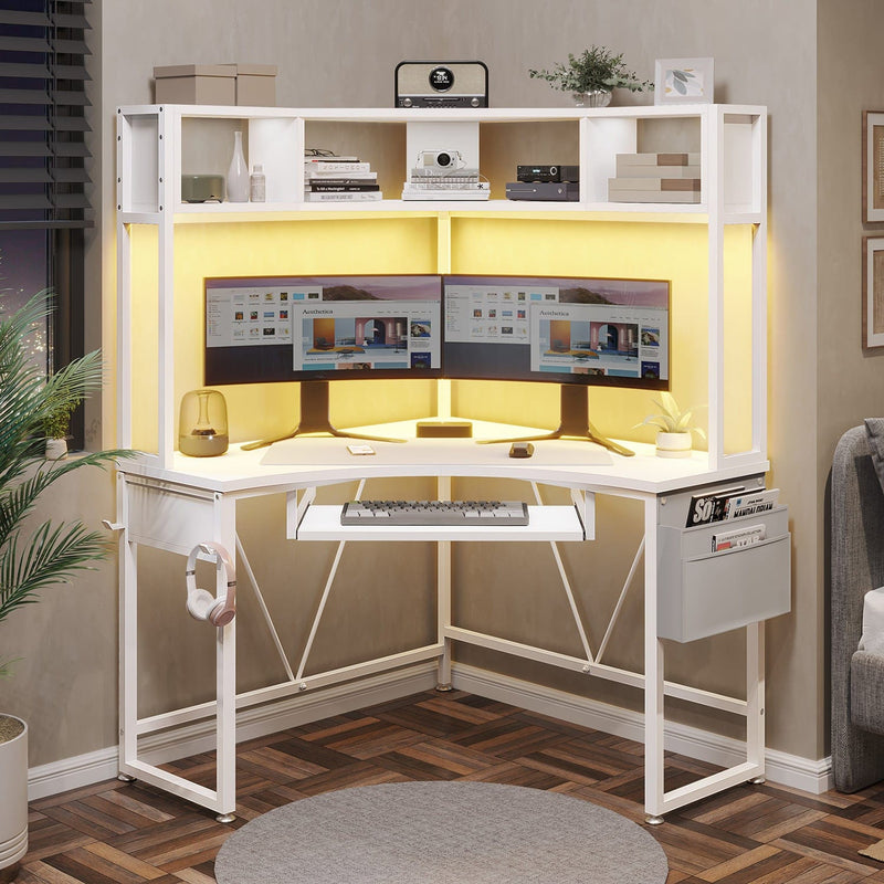 Sikaic Computer Desk Triangle Corner Small LED Computer Desk with Hutch Keyboard Tray Storage Bag and Headphone Hook White