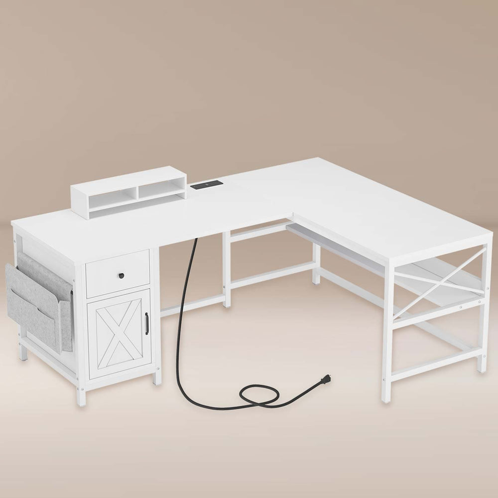 Sikaic Computer Desk 86.6 Inches L Shaped Convertible 2 Person Computer Desk White White / Farmhouse / Engineered Wood