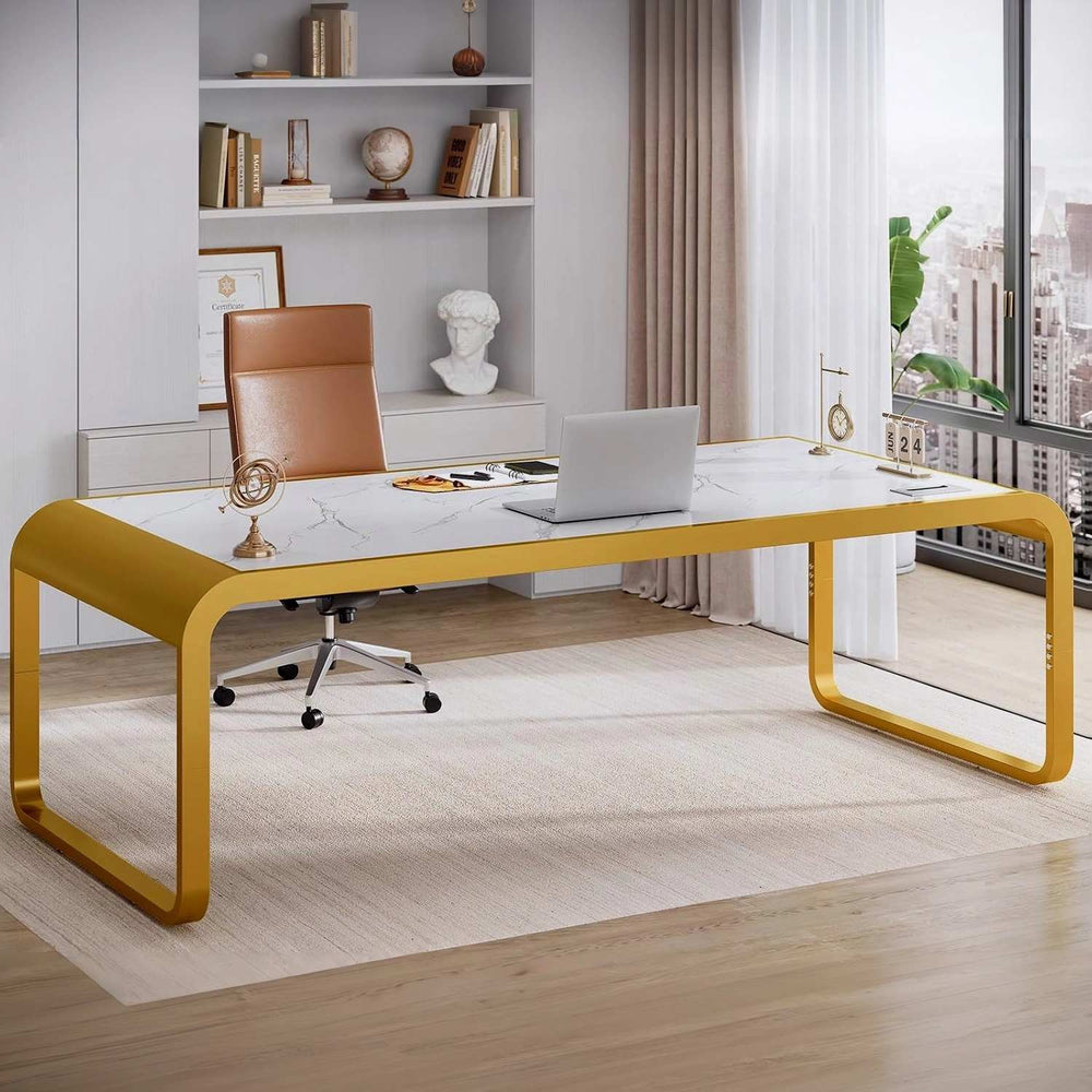 Sikaic Computer Desk 70.8 inch Executive Office Computer Desk White and Gold White / Metal / Modern