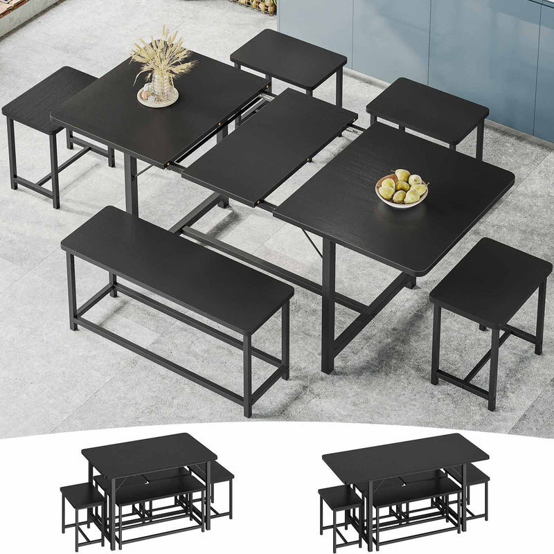 Sikaic Dining Table 6Pcs 63 Inches Extendable Rectangle Kitchen Dining Table Set with 1 Bench and 4 Square Stools Dinette Textured Black
