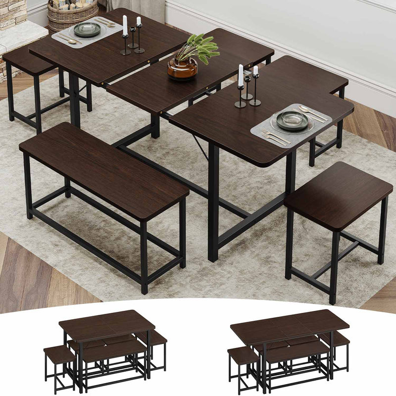Sikaic Dining Table 6Pcs 63 Inches Extendable Rectangle Kitchen Dining Table Set with 1 Bench and 4 Square Stools Dinette Espresso