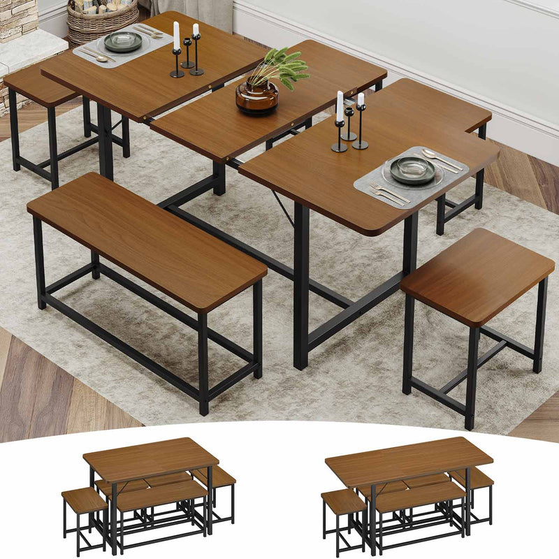 Sikaic Dining Table 6Pcs 63 Inches Extendable Rectangle Kitchen Dining Table Set with 1 Bench and 4 Square Stools Dinette Walnut