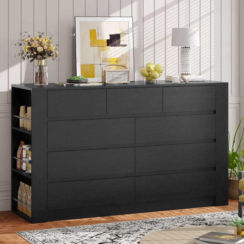 Sikaic Dresser 55.1" Inches Modern Dresser With 9 Handle-Free Drawers & Side Storage Shelves Black Black